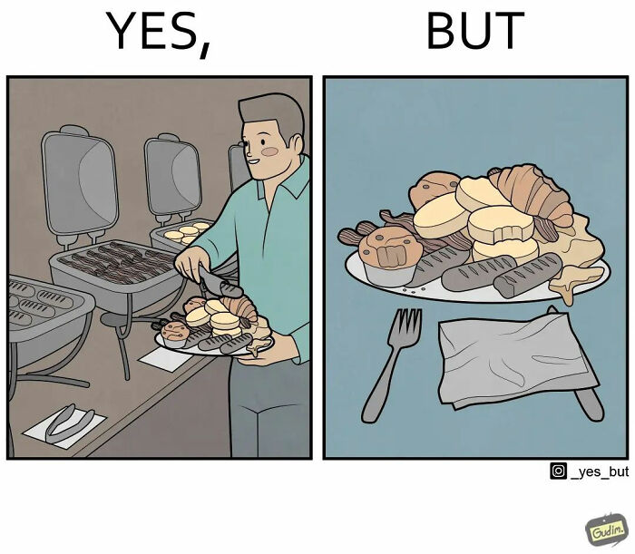 Artist illustration showing both sides of grilling: man with food, mixed plate of grilled items and desserts.