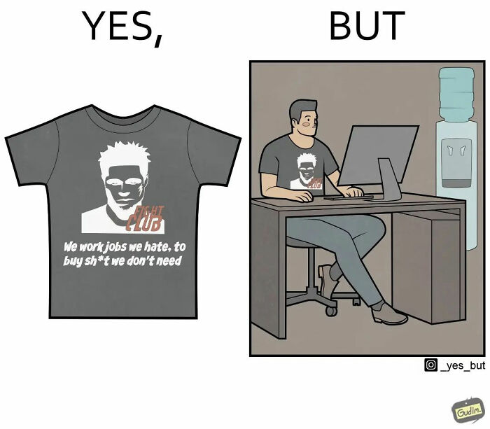 Artist illustration showing both sides of the story: a shirt with a quote and a man working at a desk.