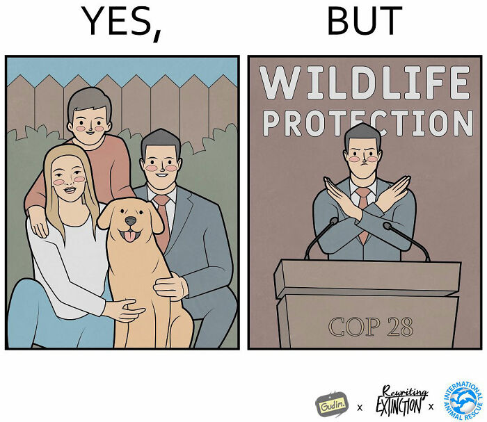 Artist illustrates a family with a dog on one side and a man opposing wildlife protection on the other.