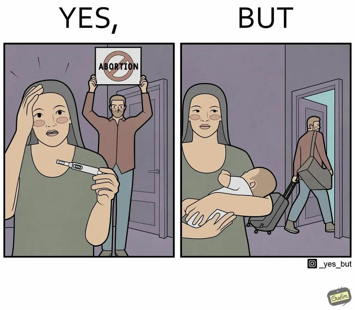 Artist illustrates both sides of a story; woman with pregnancy test and baby, man holding anti-abortion sign.