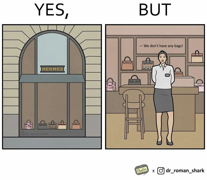 Artist illustrates both sides of a story with "Yes" showing a window display, "But" showing a store with no bags available.