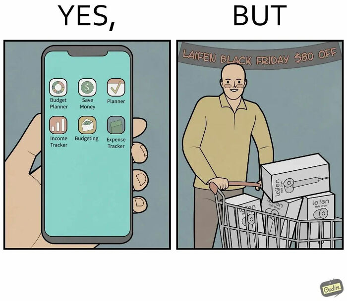 Artist illustrates dual sides of budgeting versus impulse shopping during Black Friday sale in a comic strip.