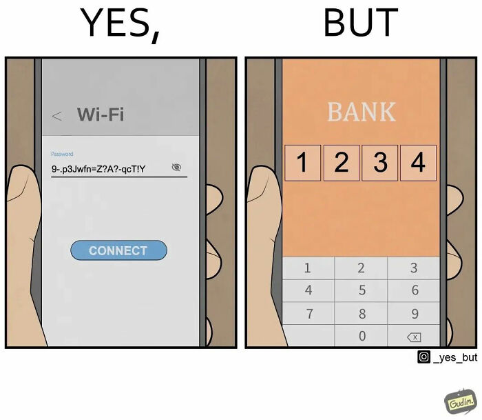 Artist illustrates contrasting passwords: complex Wi-Fi vs. simple bank PIN.