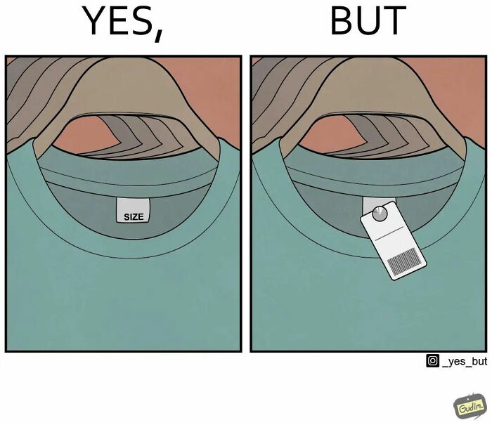Artist illustrates two sides of a story with shirts, one showing size tag, the other with a price tag.
