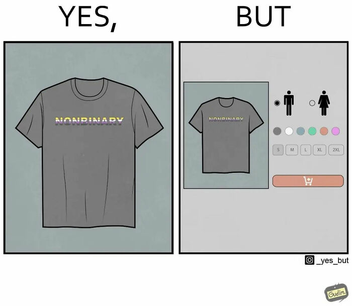 Artist illustrates both sides of a story: nonbinary shirt options on an online store.