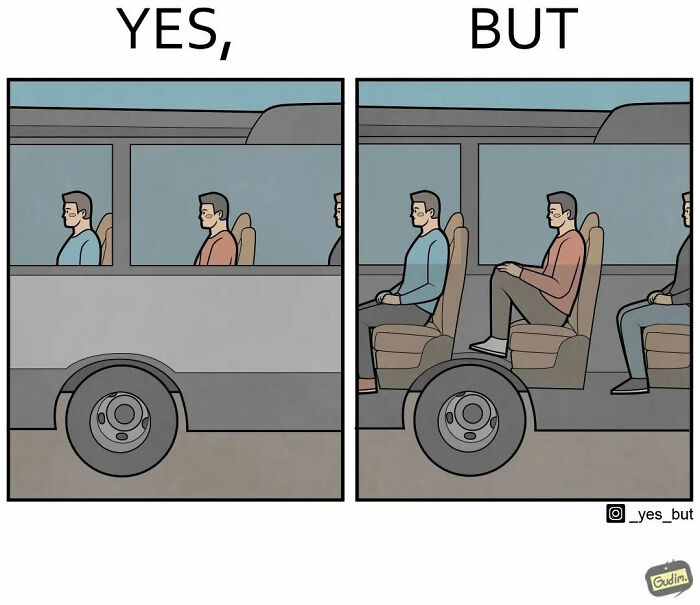 Artist illustrates both sides of a bus ride, showing contrasting attitudes of two passengers.
