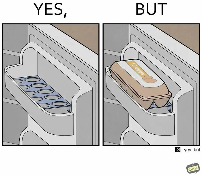 Artist illustrates both sides: empty egg holder vs. full egg carton in fridge door.