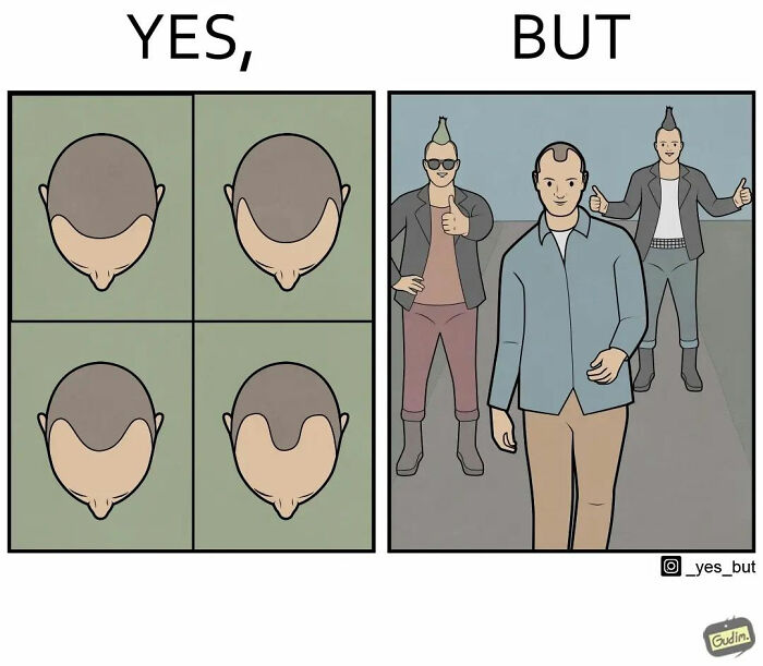 Artist illustration depicting both sides of the same story, with contrasting visual elements.