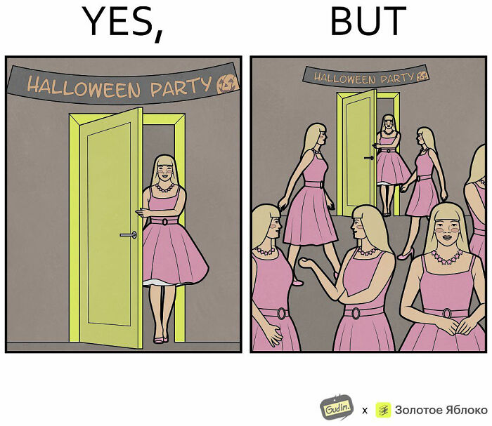 Artist illustrates both sides of a Halloween party scene with a woman entering a room, other people inside.