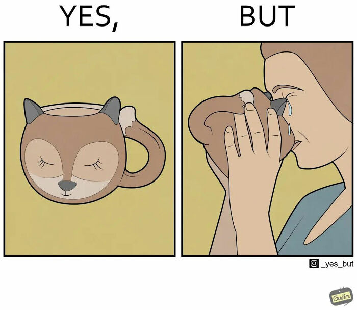 Artist illustrates both sides of the story: cute fox mug juxtaposed with a person crying into it.