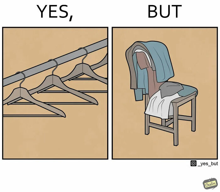 Artist illustrates both sides: empty hangers vs. clothes piled on a chair.