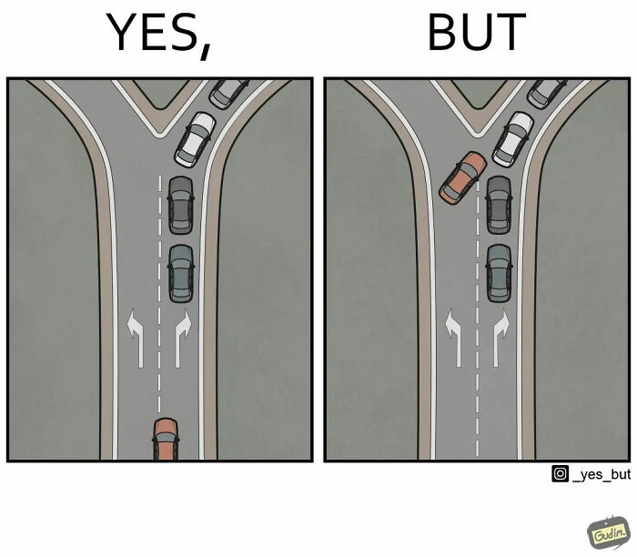 Artist illustrates both sides of a story with cars on diverging roads.