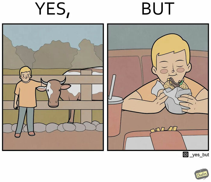 Artist illustrates both sides of the story: boy with cow and eating a burger.