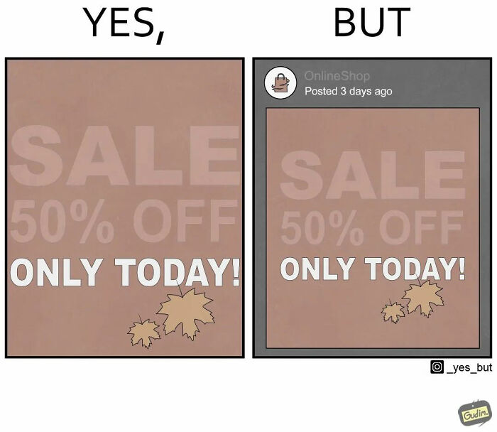 Artist illustrates both sides: a sale poster with "only today" message shared 3 days ago.