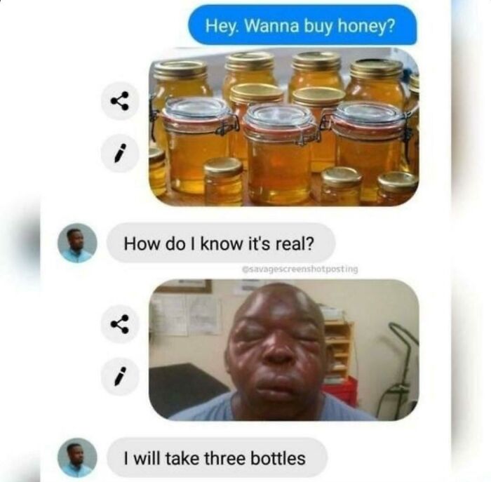 Sarcastic meme featuring a conversation about buying honey, showing honey jars and a man's swollen face.