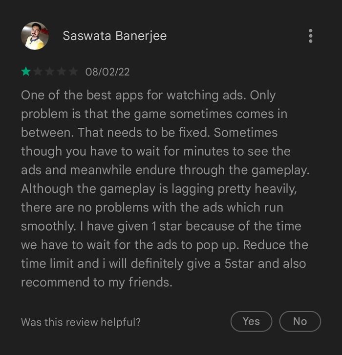 Sarcastic meme about an ad-filled app review, highlighting humor in user feedback.