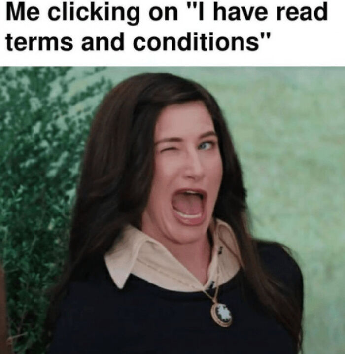 A woman winking humorously, depicting a sarcastic meme about reading terms and conditions.