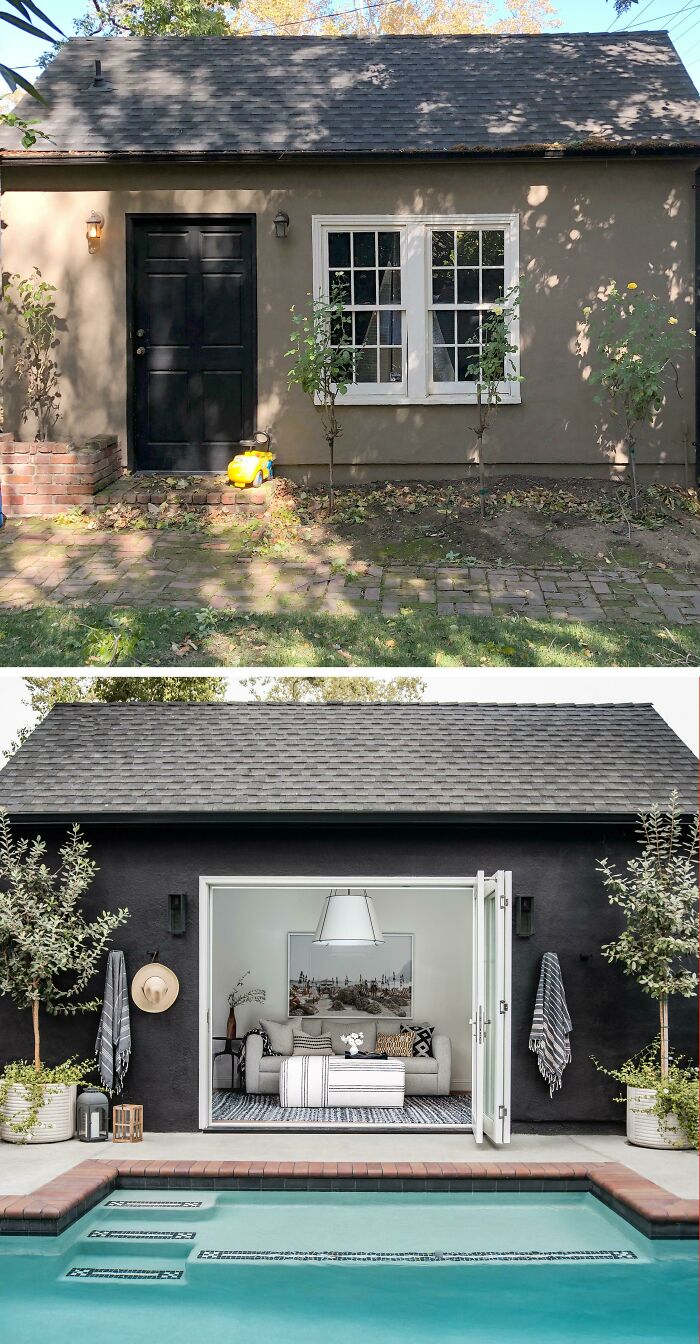 Before and after of a backyard garage transformed into a chic outdoor living space with pool and modern decor.