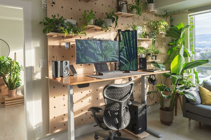 Cozy home office design with plants, dual monitors, ergonomic chair, and natural light creating an inspiring workspace.
