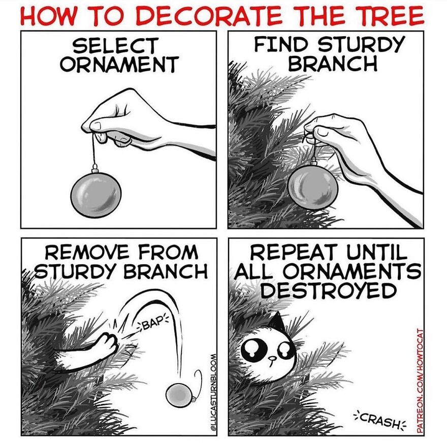 Comic showing decorating a Christmas tree with a cat knocking down ornaments, relatable cat comics by artist.