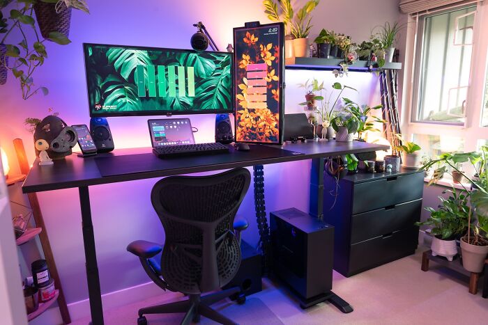 Home office design with dual monitors, ergonomic chair, ambient lighting, and abundant plants creating a cozy workspace.