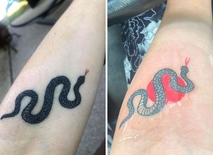 Tattoo cover-up showing a snake design modified with red shading, illustrating tattoo transformation.