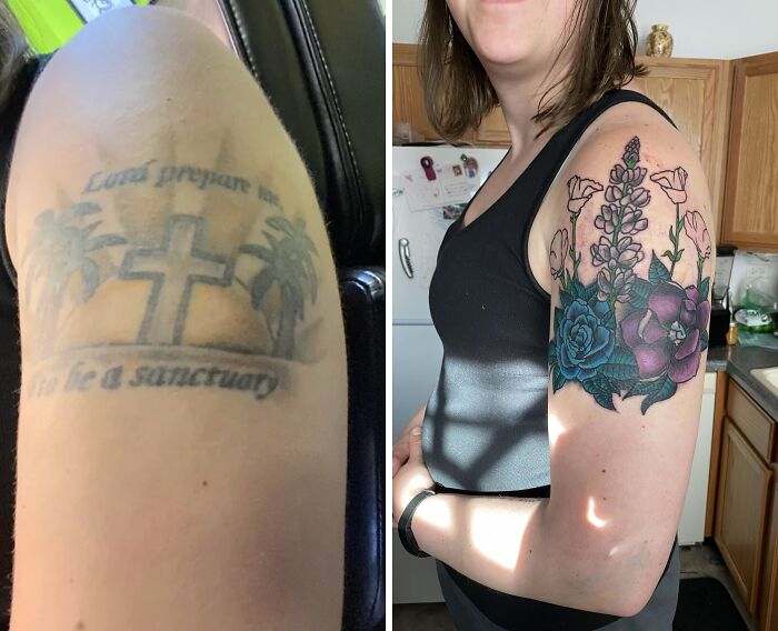 Tattoo cover-up transformation showing an old cross tattoo replaced with vibrant floral design.