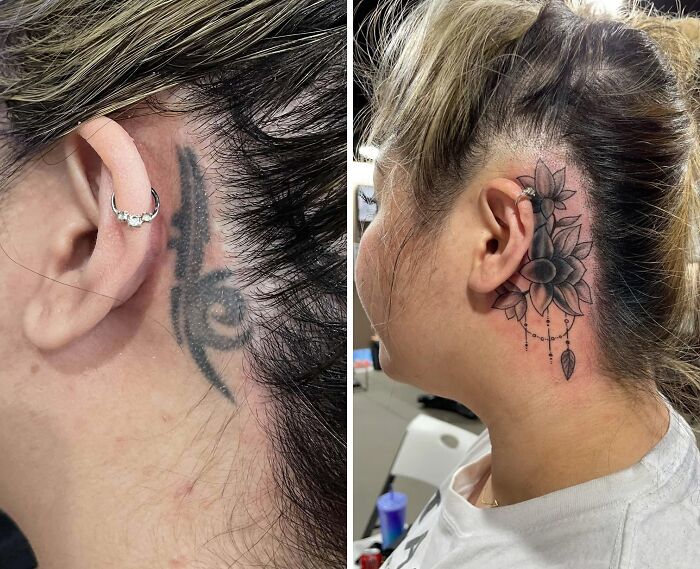 Tattoo cover-up transformation behind ear, replacing tribal design with intricate floral piece.
