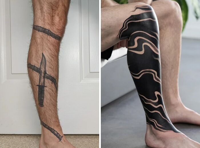 Tattoo cover-ups transformed knife design into abstract black wave pattern on leg.