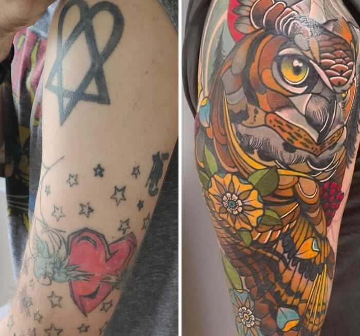 Tattoo cover-up showing transformation from simple star and heart designs to a vibrant owl and floral sleeve.