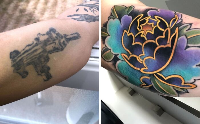 Tattoo cover-up showing transformation from faded gun design to vibrant floral artwork.
