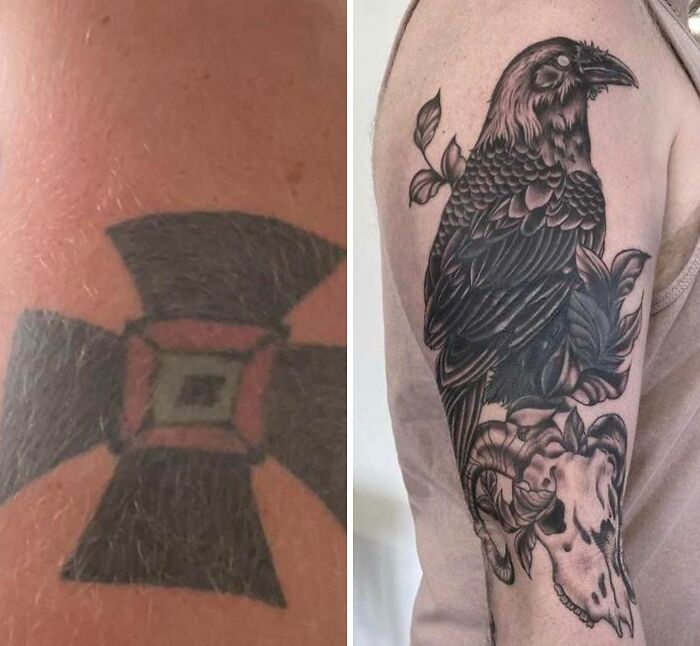 Tattoo cover-up showing transformation from a geometric design to a detailed raven and skull artwork.
