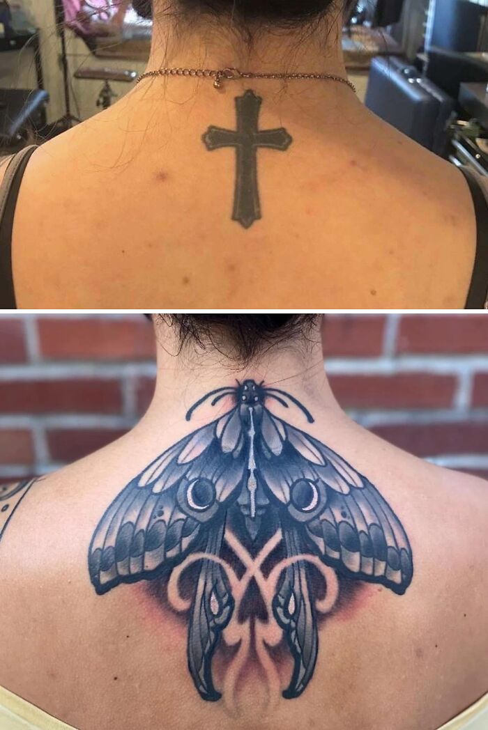 Tattoo cover-up transforming a cross into a detailed moth design on the upper back.