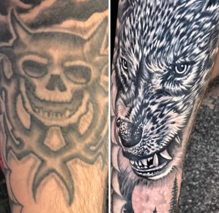 Tattoo cover-up transformation: old skull tattoo replaced by detailed wolf design on forearm.