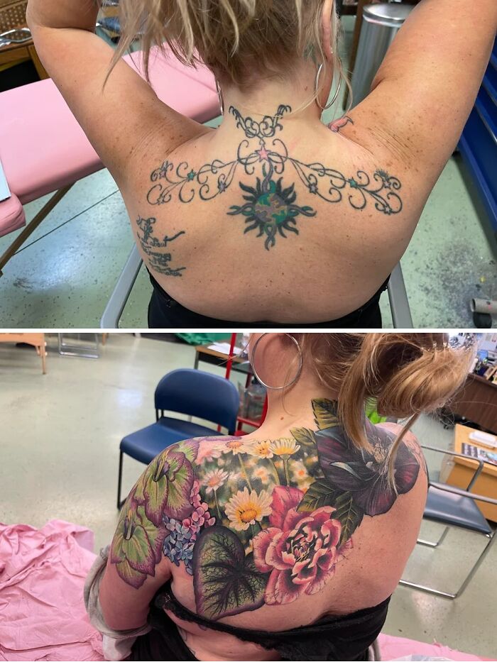 Tattoo cover-up transformation featuring vibrant floral design on shoulder, showcasing tattoo before-and-after.
