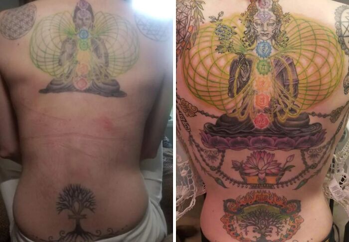 Tattoo cover-up transformation showing a colorful and intricate design on a person's back with spiritual motifs.