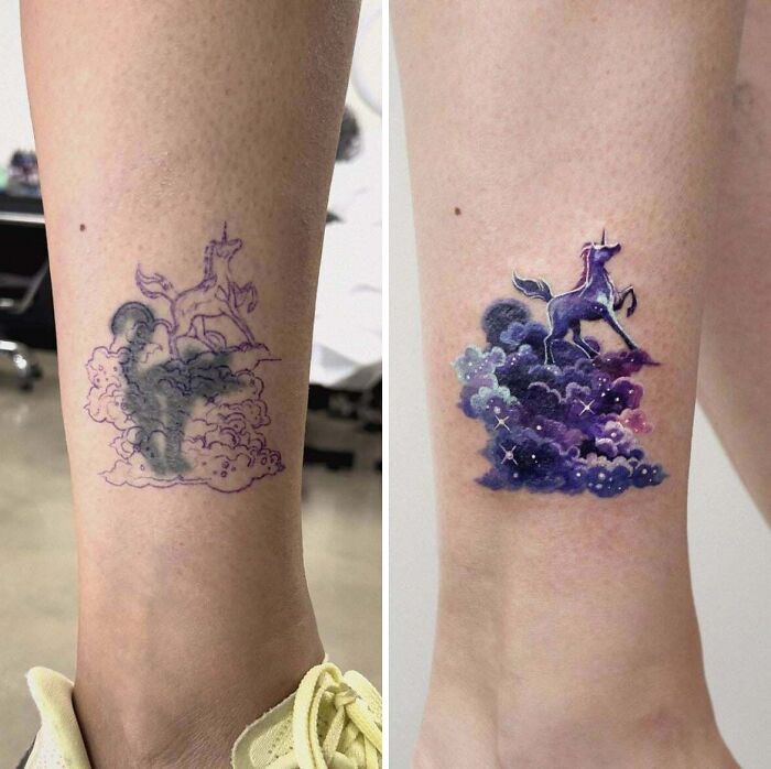 Tattoo cover-up of a unicorn on clouds, before-and-after transformation showing vibrant colors and improved design.