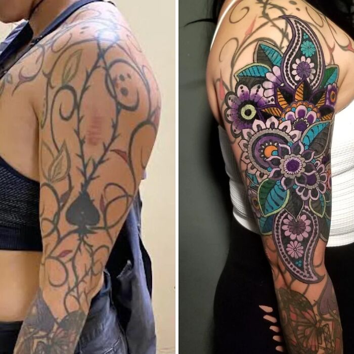 Tattoo cover-up showing before and after on an arm, transforming from simple designs to colorful floral patterns.