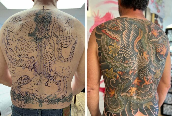 Tattoo cover-up transformation on a man's back showing a colorful, detailed design after covering the original ink.