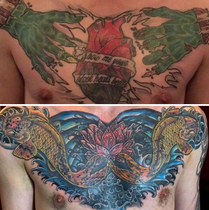Tattoo cover-up shows transformation from a heart with green hands to koi fish and a lotus design on a man's chest.