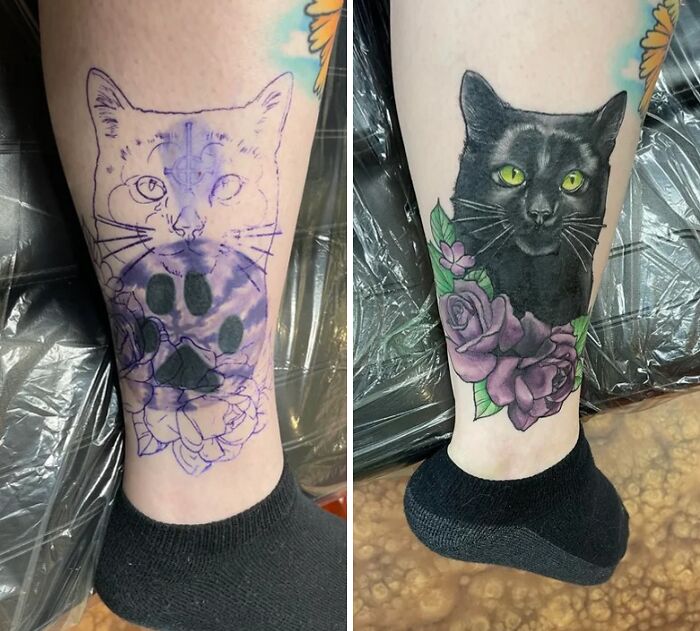 Tattoo cover-up of a cat's face, transforming from an outline to a detailed black cat with flowers.
