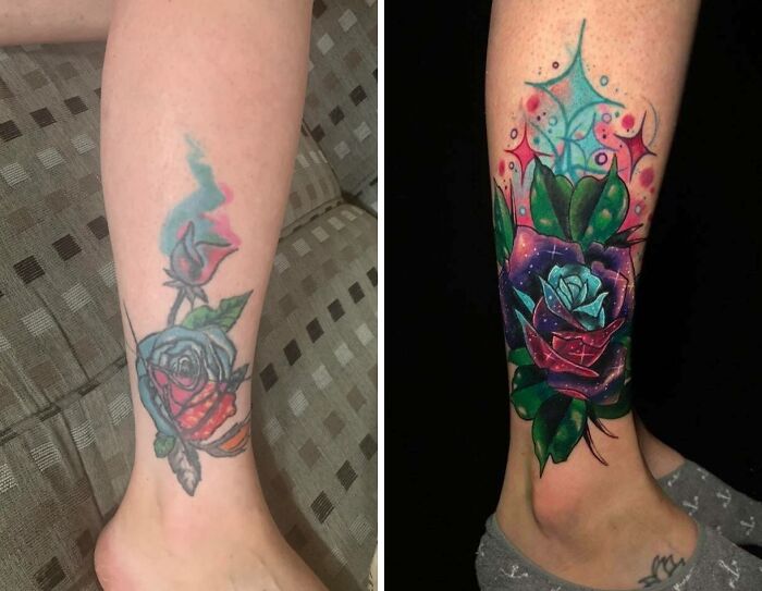 Tattoo cover-up showing a transformed colorful rose design on a person's leg.