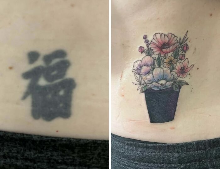 Tattoo cover-up transformation showing a black symbol replaced by a vibrant floral design in a pot.