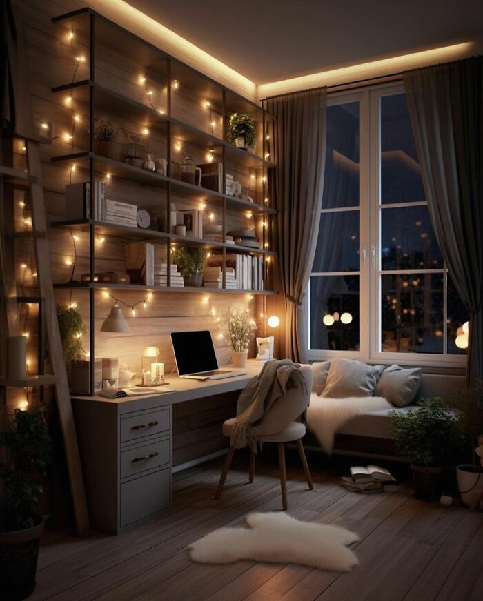Cozy home office design with warm string lights, wooden shelves, a laptop on the desk, and a comfortable seating area by the window.