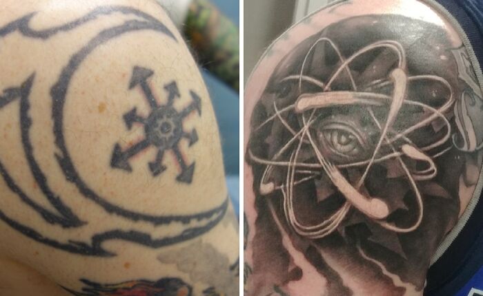Tattoo cover-up transformation showing intricate atomic design replacing old symbol.