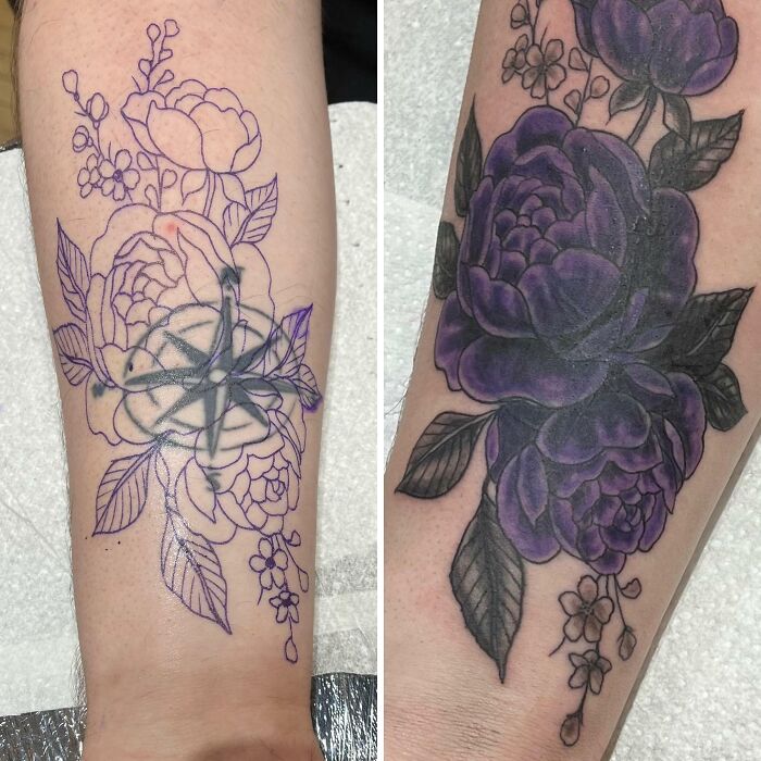 Tattoo cover-up transforming a faded floral design into vibrant purple flowers on an arm.