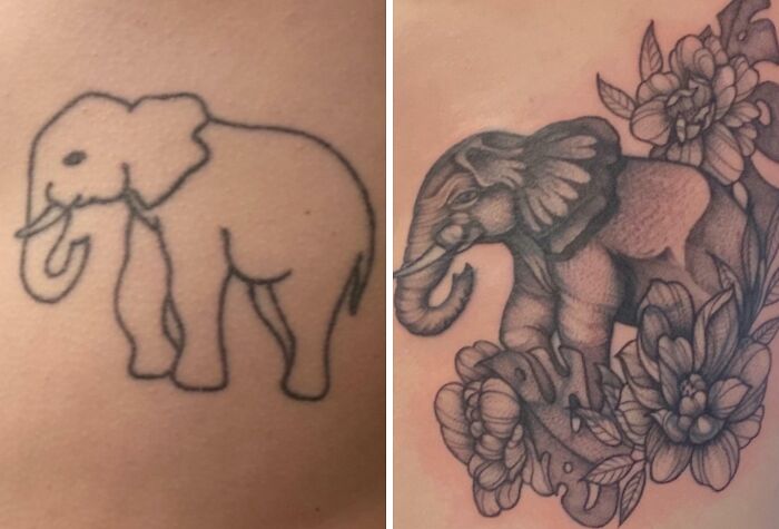 Tattoo cover-up: outline of an elephant transformed into a detailed design with flowers.