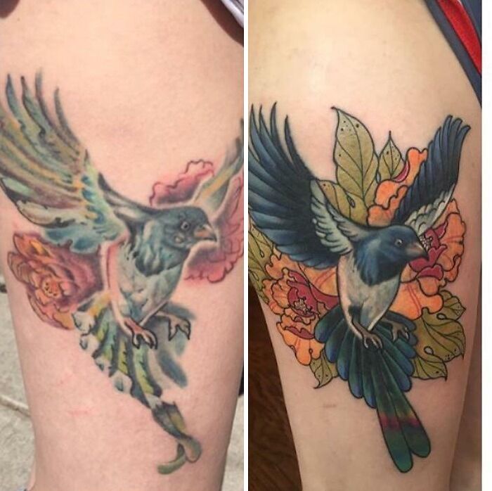 Tattoo cover-up showing a bird with flowers, illustrating a vibrant transformation from old to new ink.