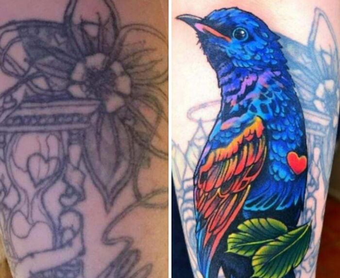 Tattoo cover-up transformation, replacing faded flower with vibrant, colorful bird design.