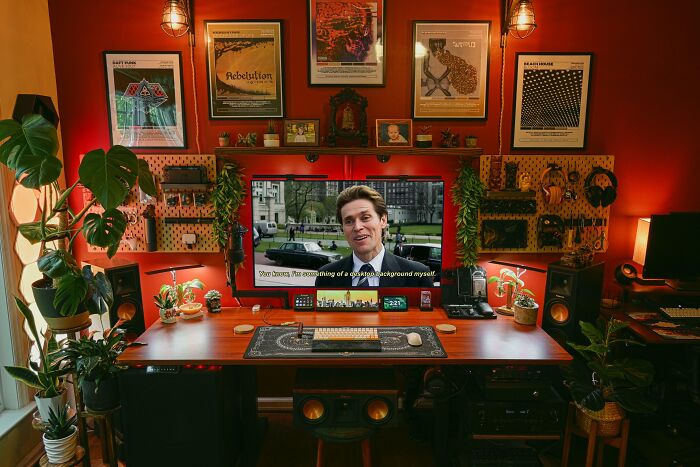 Cozy home office setup with warm lighting, plants, and a large monitor surrounded by framed art and accessories.